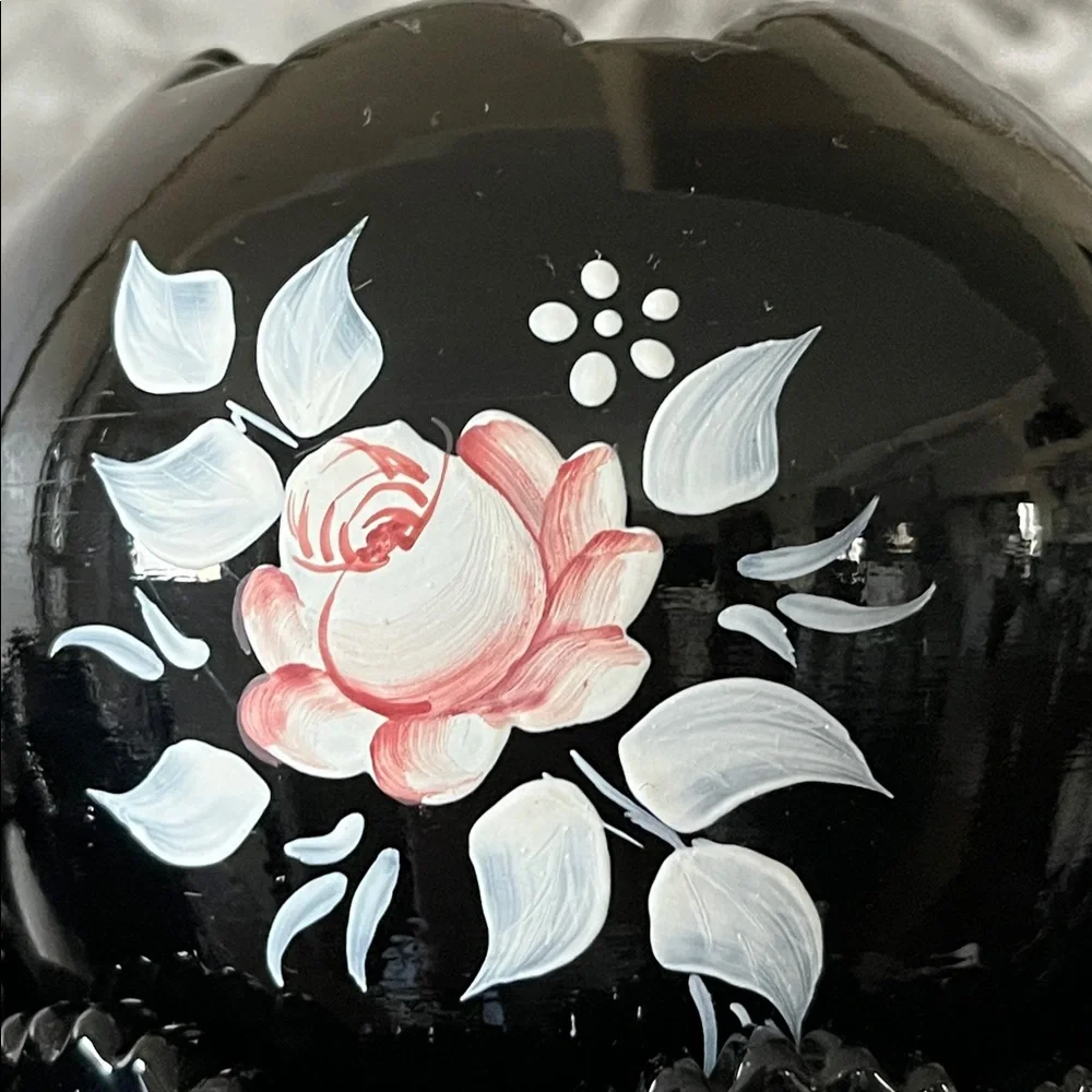 Vintage Pilgrim Glass Black Amethyst Hand-Painted Vase & Covered Jar Set 3 Pc